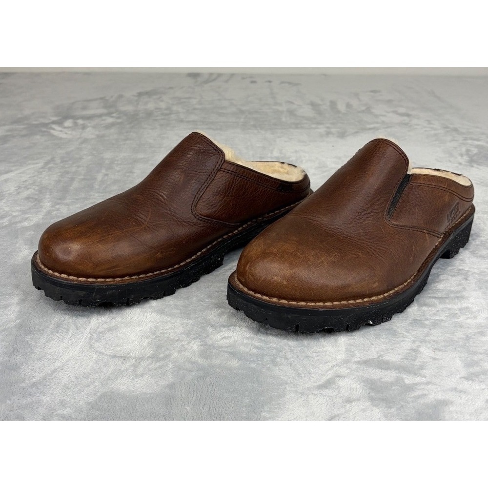 UGG Men’s Brown Leather Shearling Mule Slip-Ons